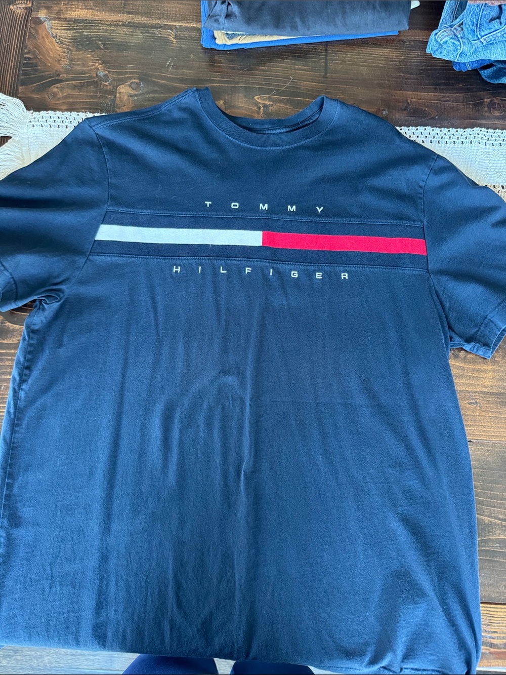 Tommy Hilfiger Navy Short Sleeve Tee with Red & White Stripe